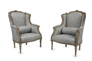 SOLD A stylish pair of Louis XVI style grey-painted French wingback chairs