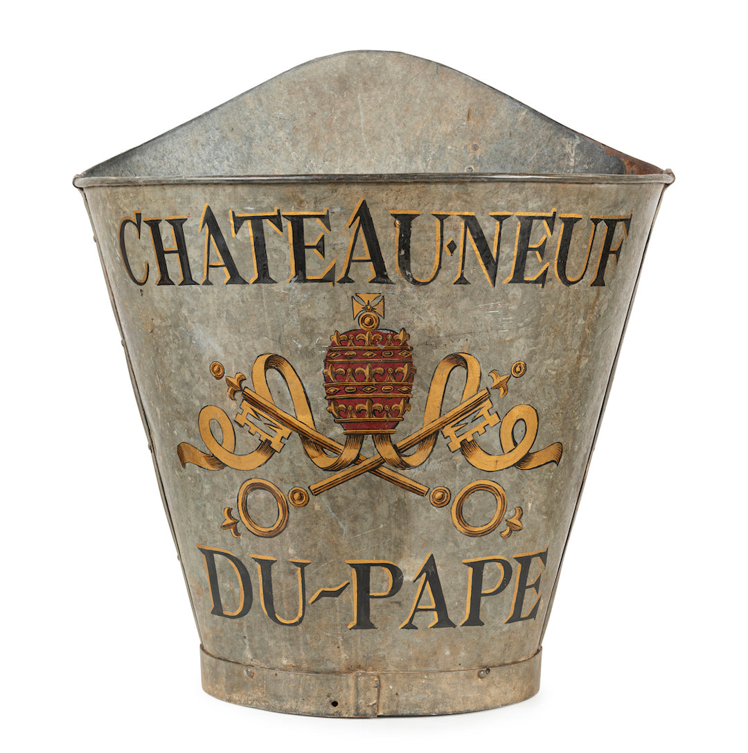 SOLD An original Chateau-Neuf du Pape painted metal grape pickers hod, French Circa 1930