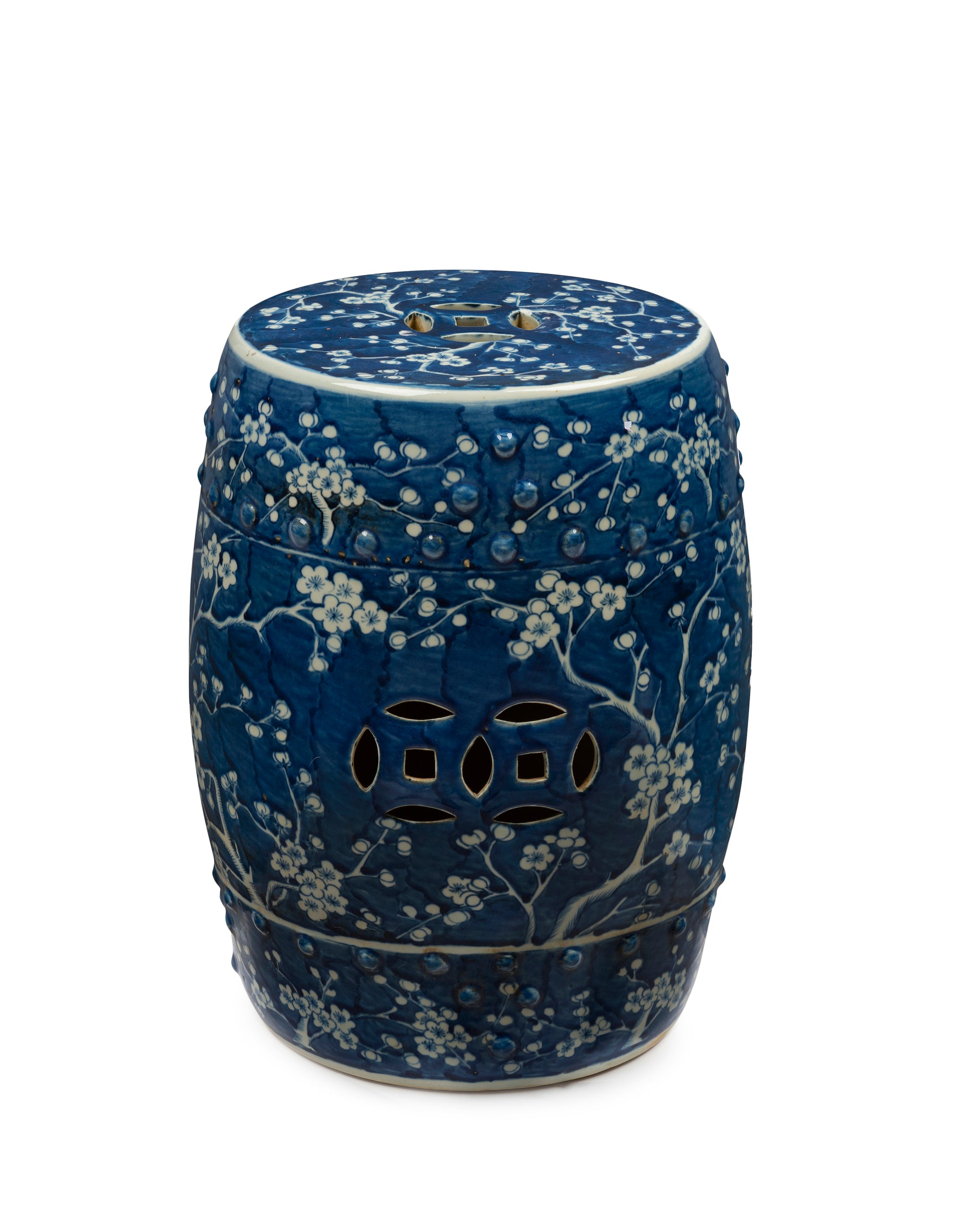 SOLD A blue and white cherry blossom design porcelain stool/ side table, Chinese 20th Century