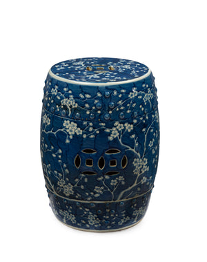 SOLD A blue and white cherry blossom design porcelain stool/ side table, Chinese 20th Century