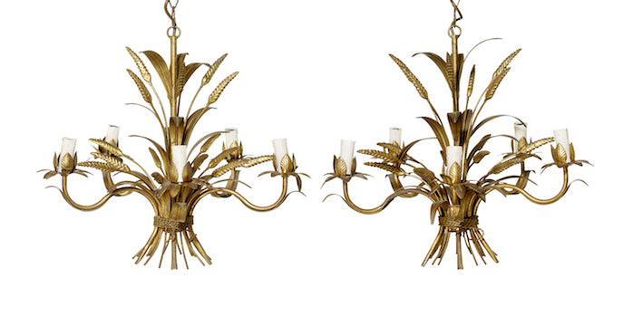 SOLD A pair of gilt-metal five branch wheat-sheaf design pendant lights, French Circa 1950