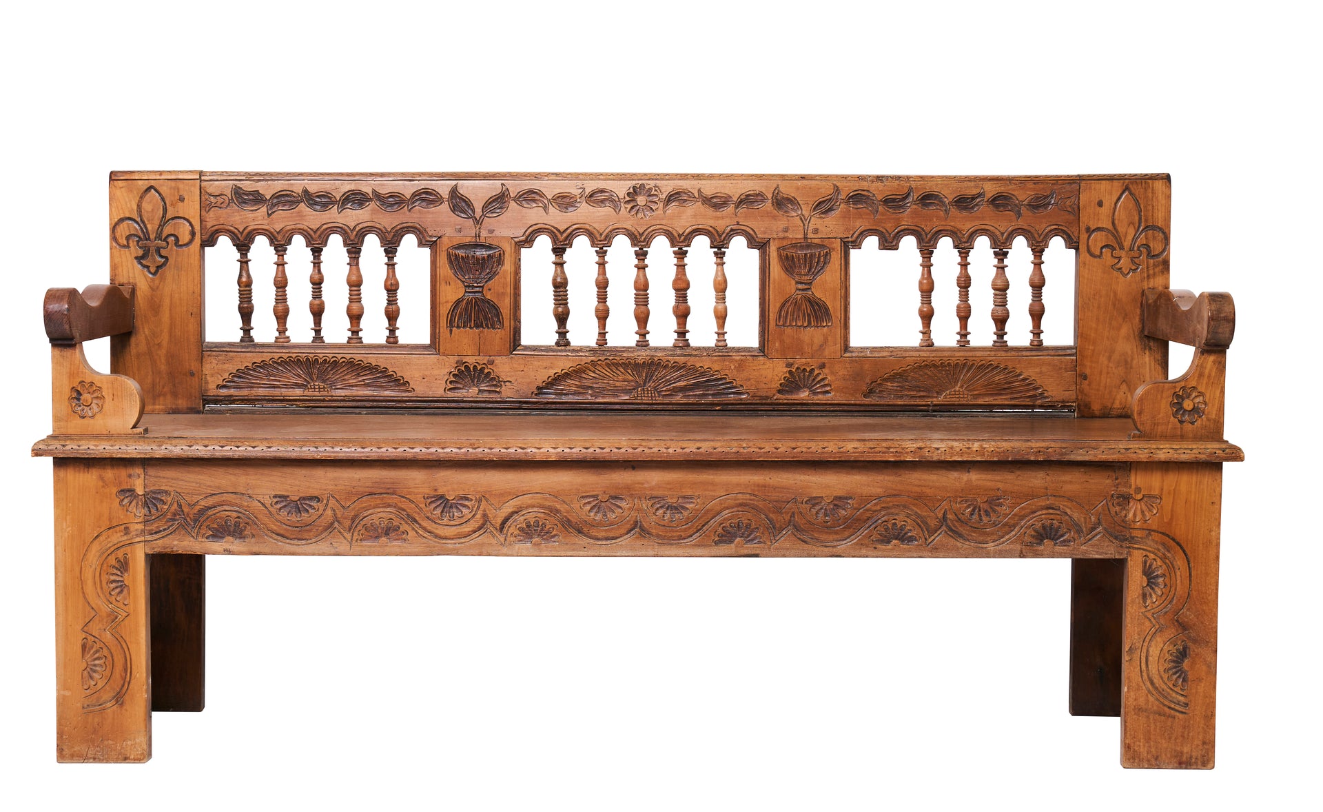 SOLD A fabulous Breton carved solid fruitwood bench, French 18th Century