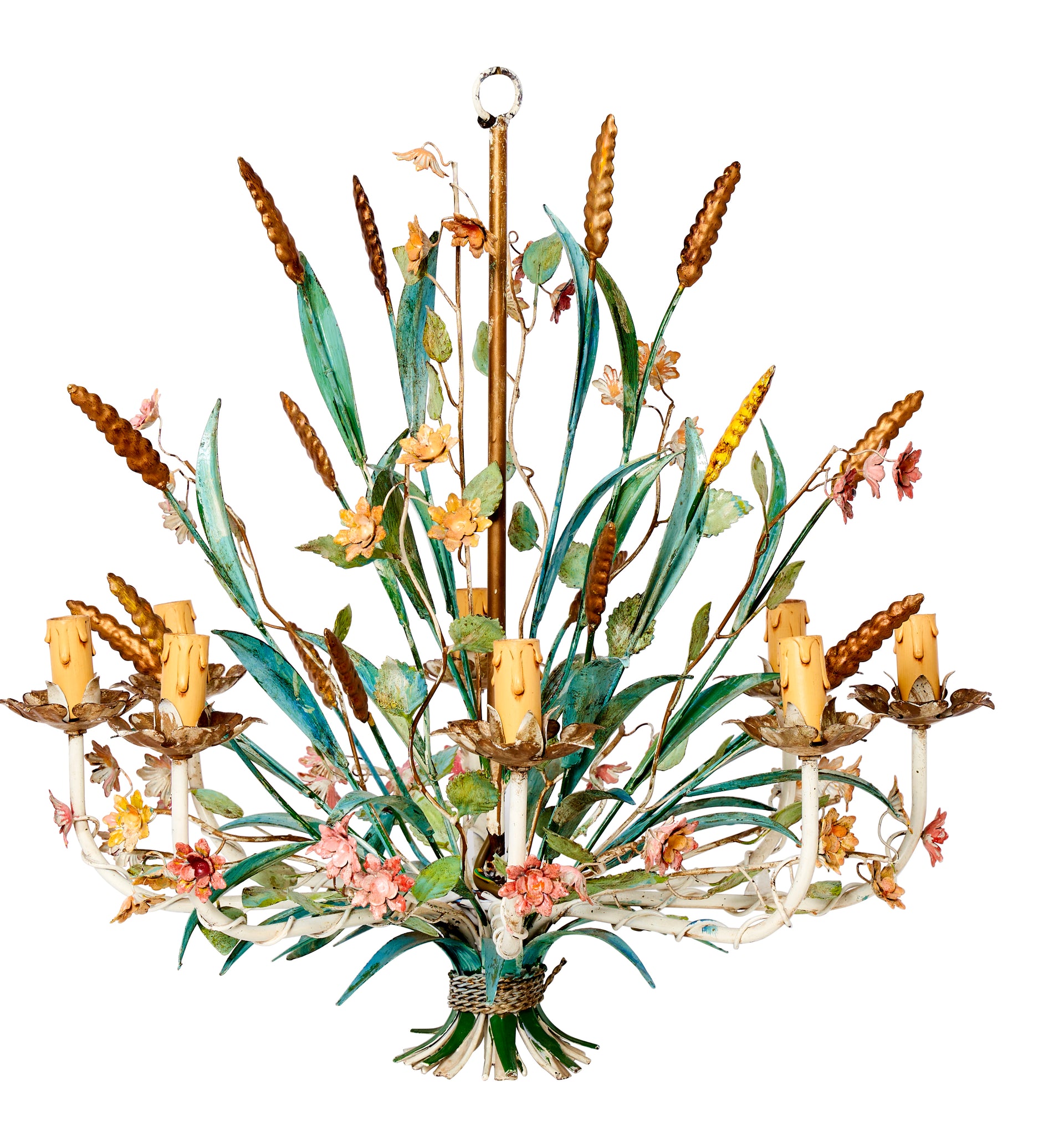 SOLD A beautiful eight branch painted metal chandelier in the form of a bushel of flowers and gilded wheatsheafs, French Circa 1950