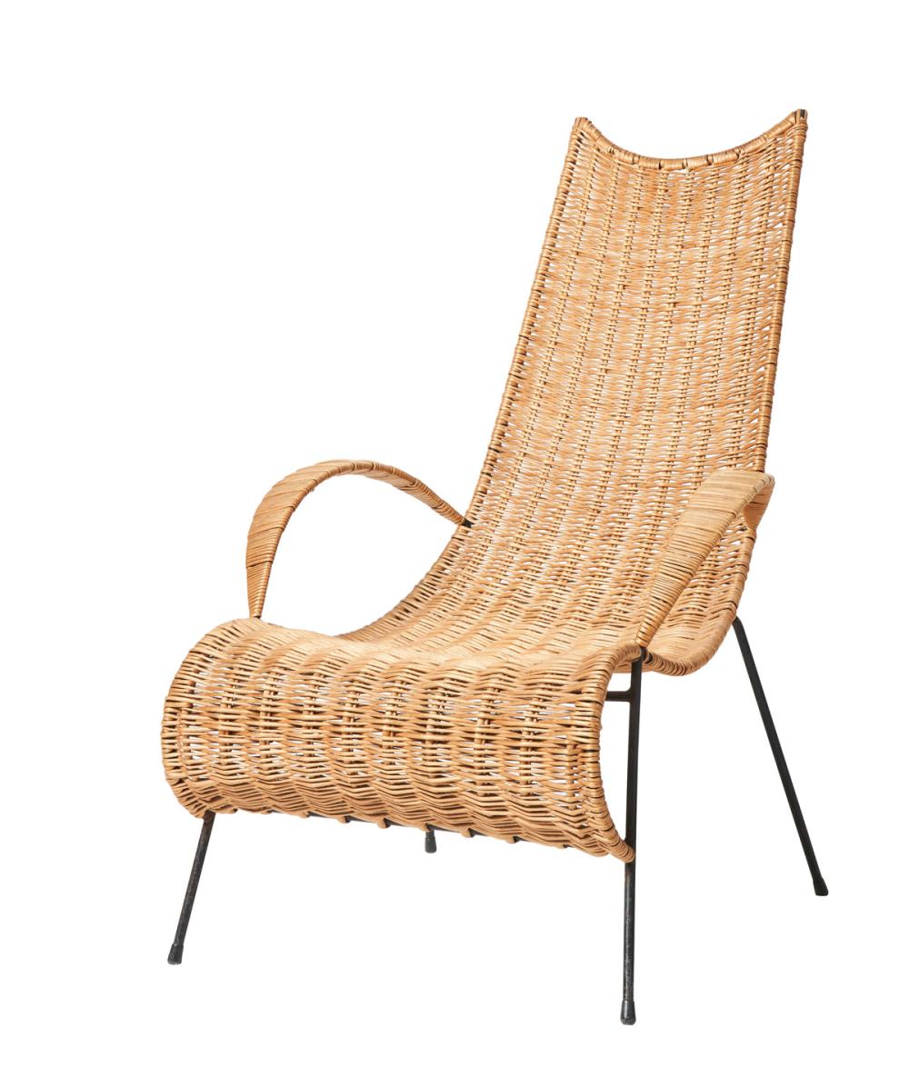 SOLD A very well designed black lacquered metal and woven rattan armchair,  Italian circa 1950