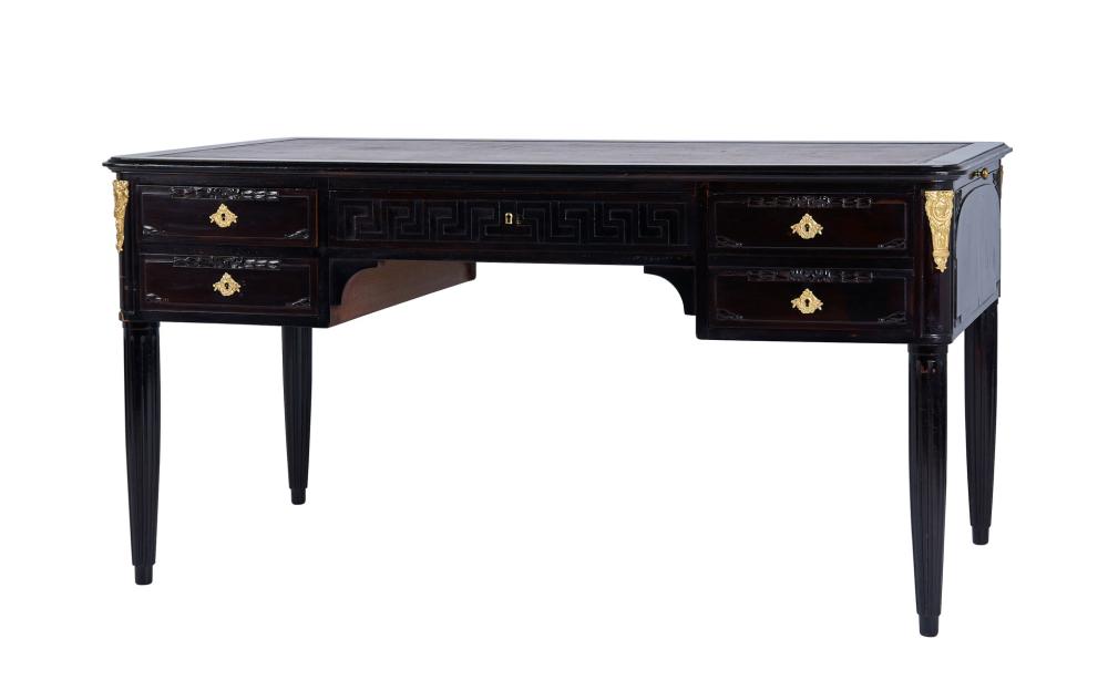 SOLD An Empire style rectangular ebonised walnut desk carved with the Greek key pattern, French Circa 1900