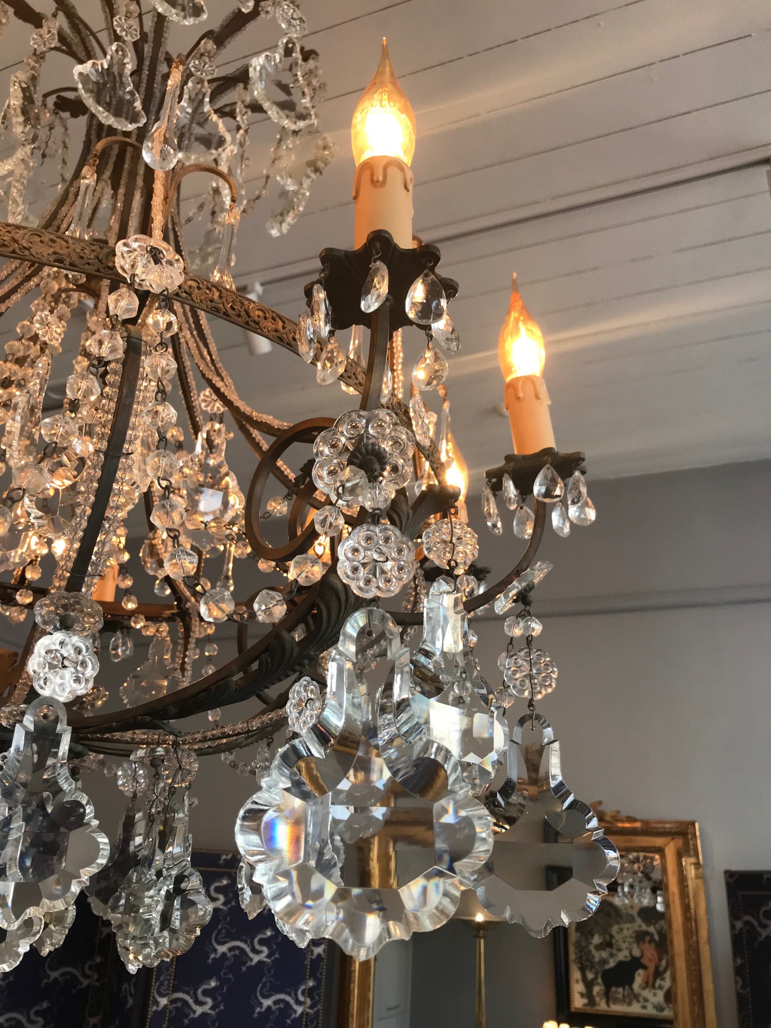 SOLD A fabulous bronze and clear crystal facet cut ten-branch Chandelier, French Circa 1900