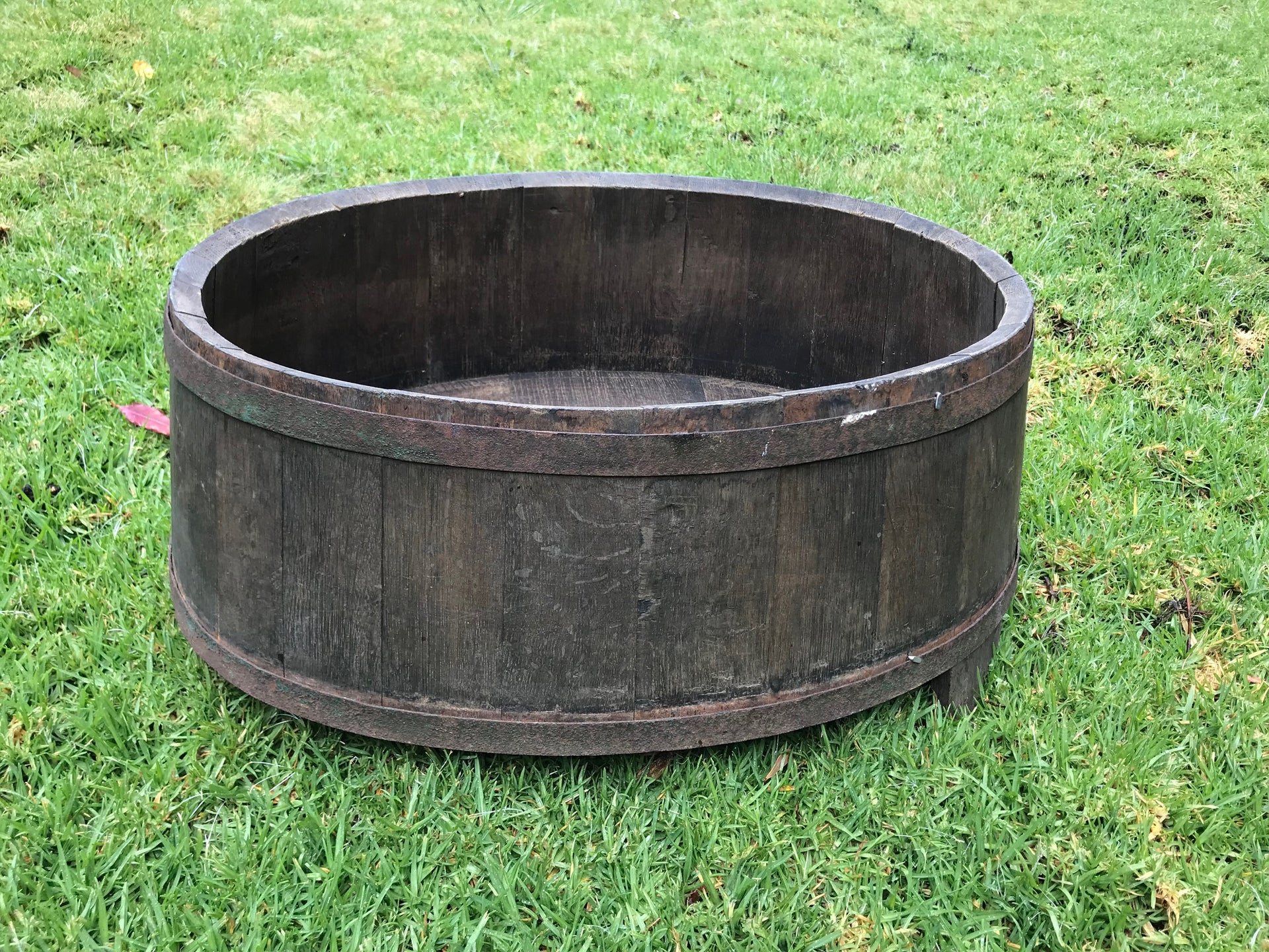 SOLD An oval coopered oak and metal banded harvesting vessel, French 19th Century