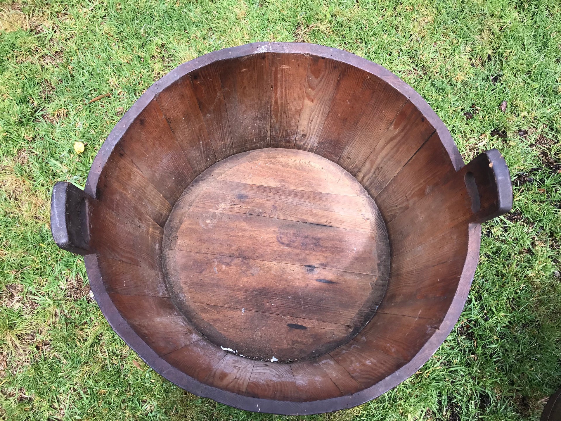 SOLD A very large round coopered oak and metal banded grape hod with twin handles French, 19th Century