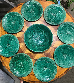 SOLD A beautiful vine-pattern dark green faience salad setting, French Circa 1900