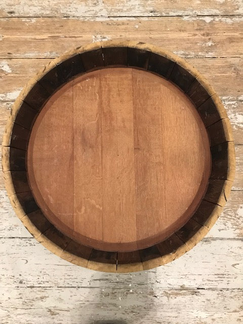 SOLD A coopered oak and metal banded vintage French Wine wine barrel base