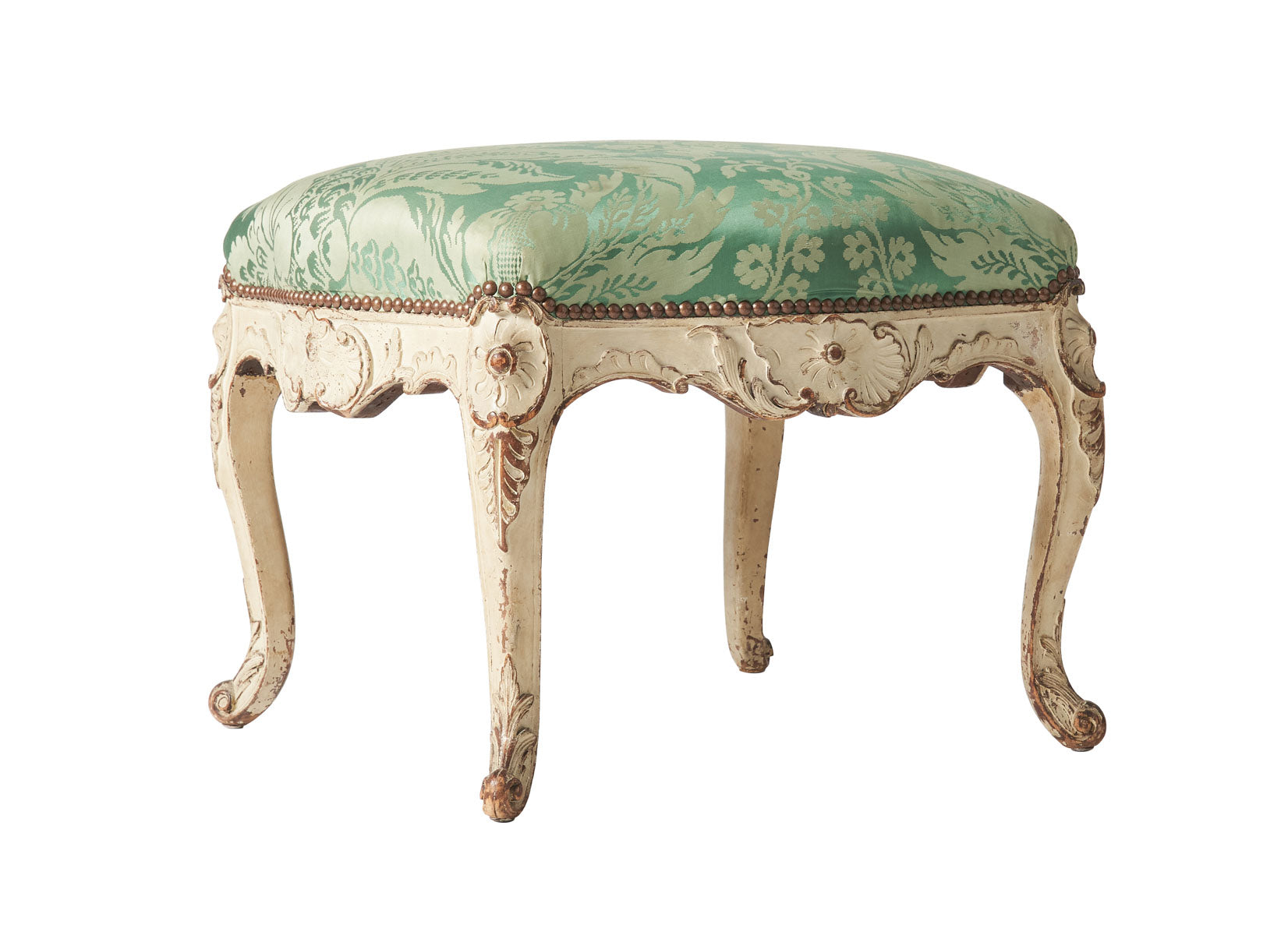 SOLD An elegant grey painted walnut stool iwith pale green silk damask upholstery, French 18th Century