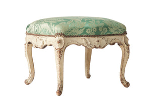SOLD An elegant grey painted walnut stool iwith pale green silk damask upholstery, French 18th Century