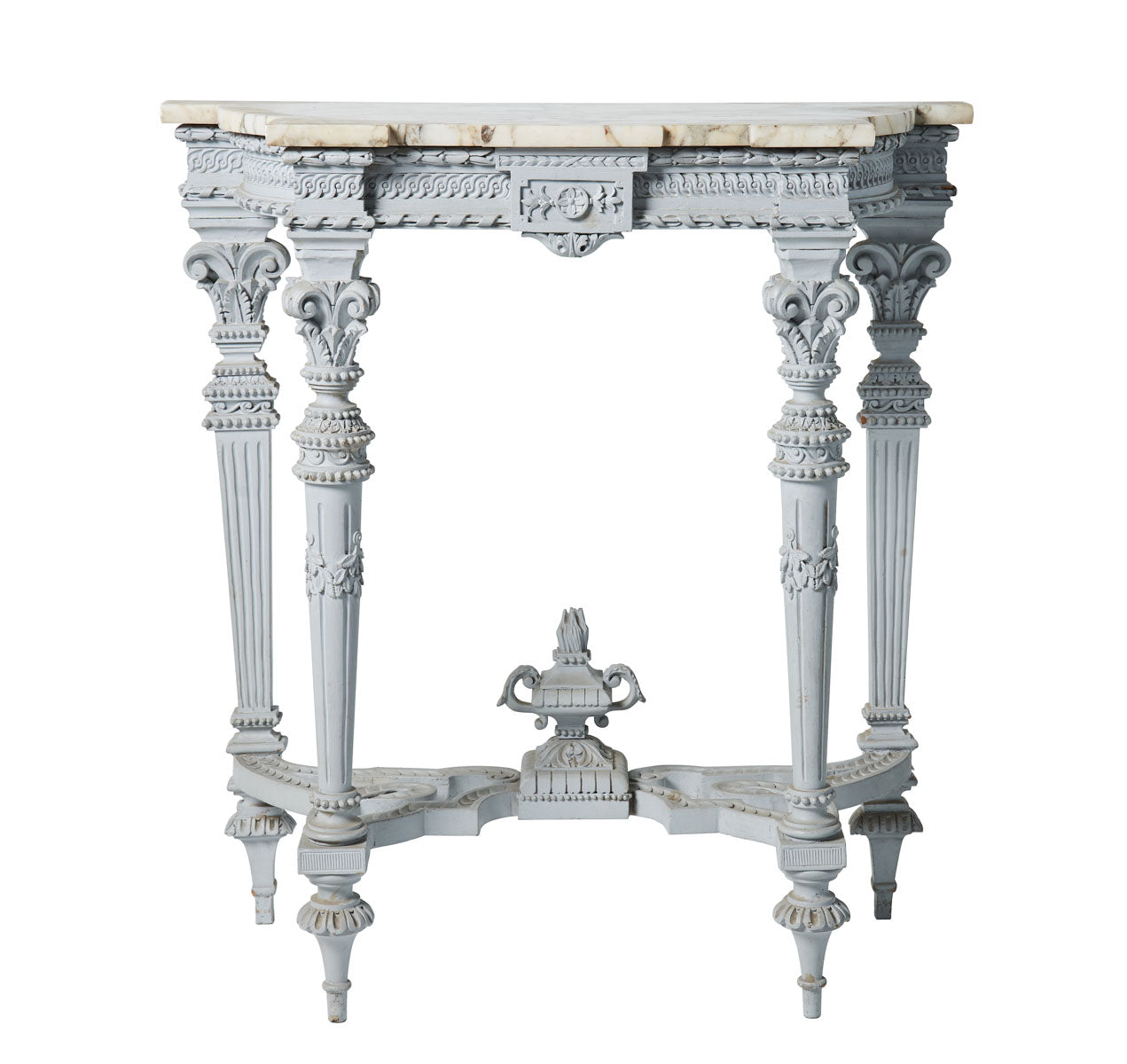 SOLD A very decorative grey painted console with a white marble shaped top, French 19th Century ,