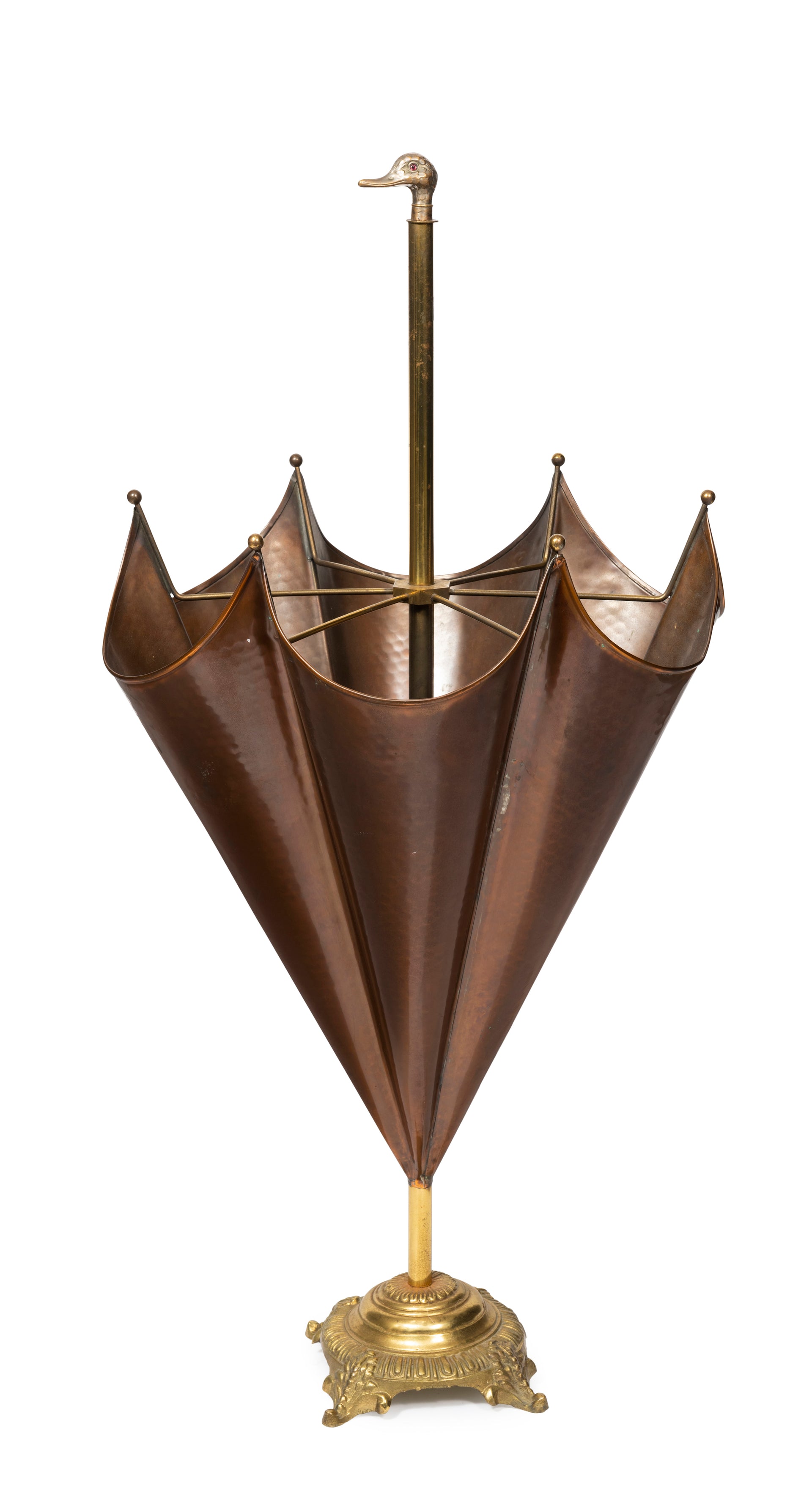 SOLD A stylish copper and brass parasol form umbrella stand, French Circa 1900