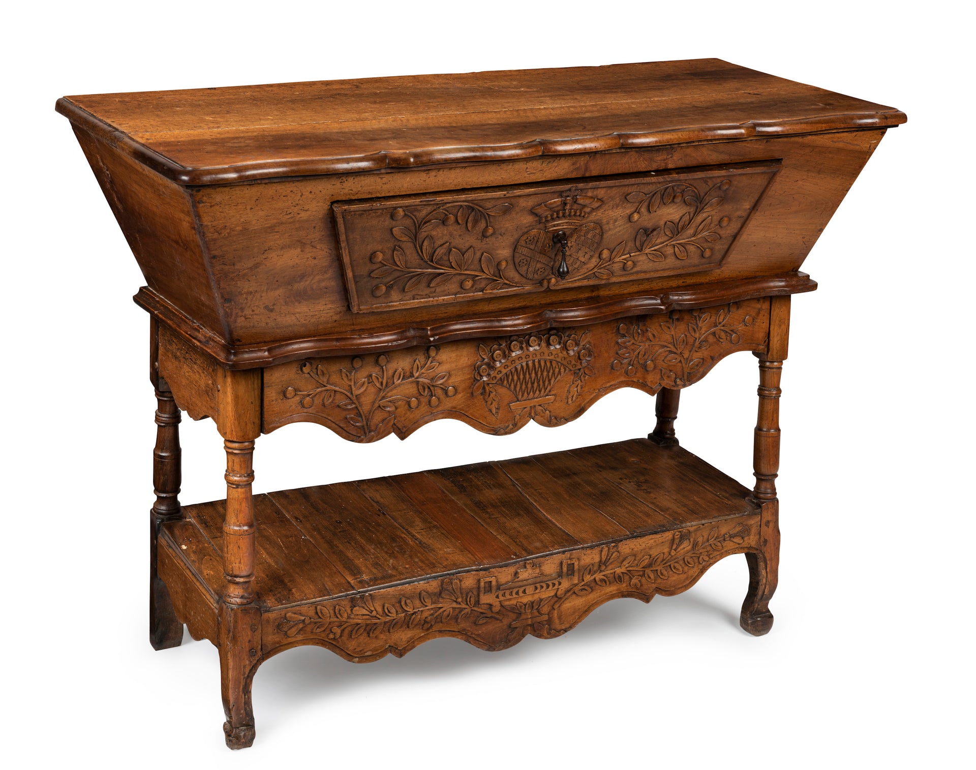 SOLD A beautifully carved walnut and fruitwood dough bin, French 18th Century