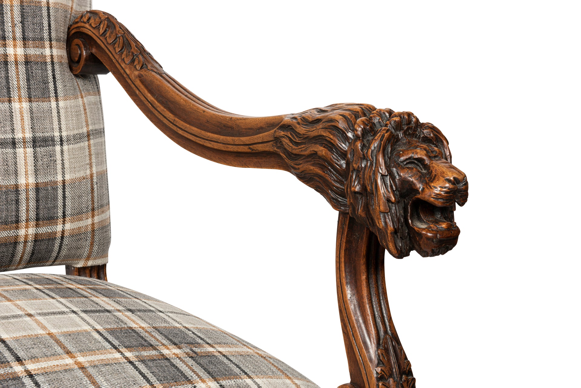 SOLD A wonderful and unusual Lion's head carved walnut Fauteuil, French 19th Century