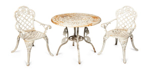 SOLD An unusual white painted rose-design cast iron three piece garden setting, French mid 20th Century
