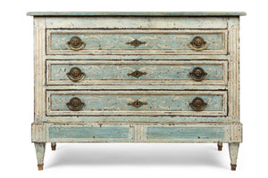 SOLD A very decorative Italian pale blue, white and grey painted three drawer commode