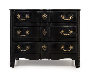 SOLD A Louis XV black-painted bombe-fronted three drawer commode, French 18th Century