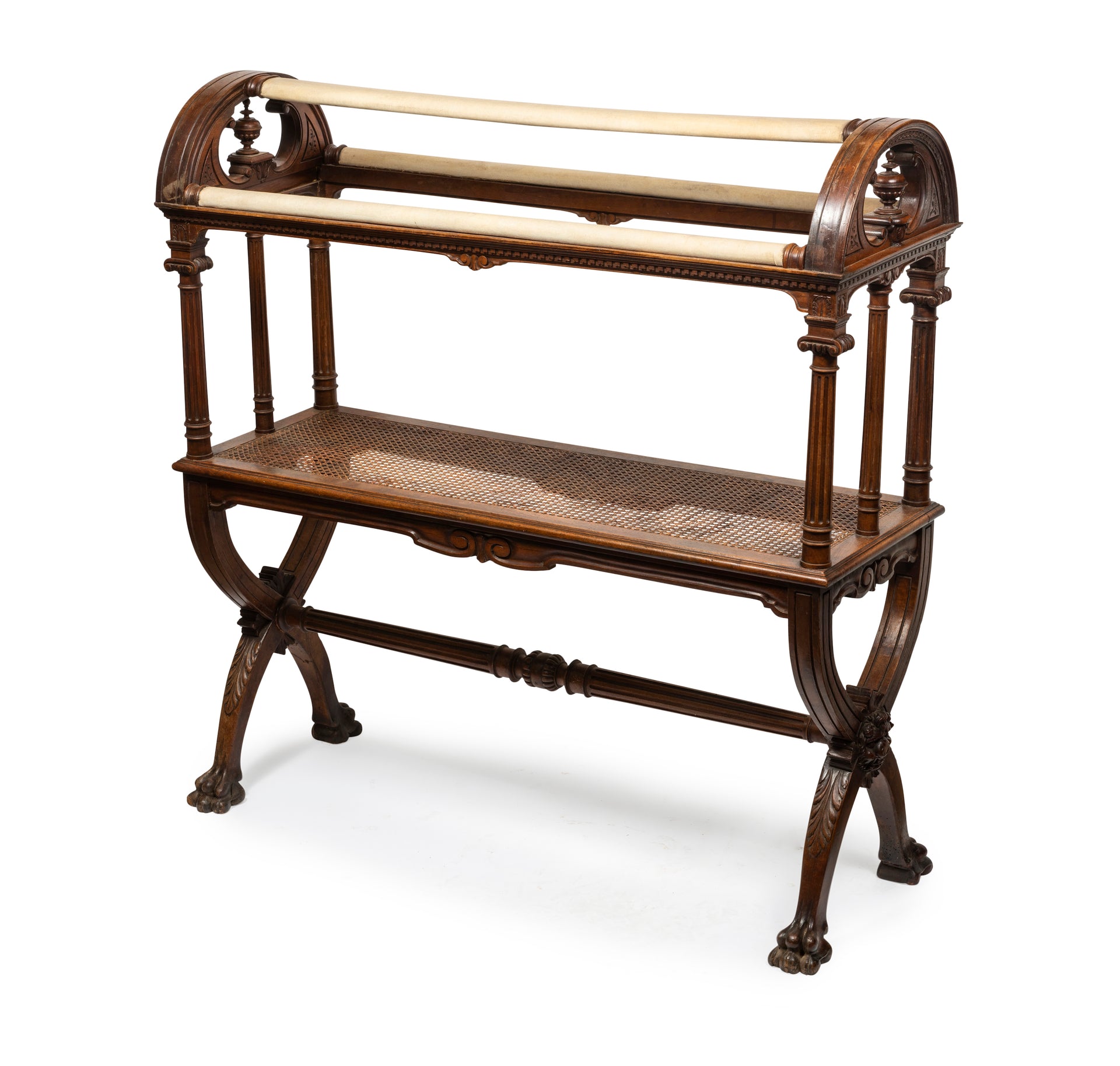 SOLD A rare carved walnut and caned saddle stand, English Circa 1880