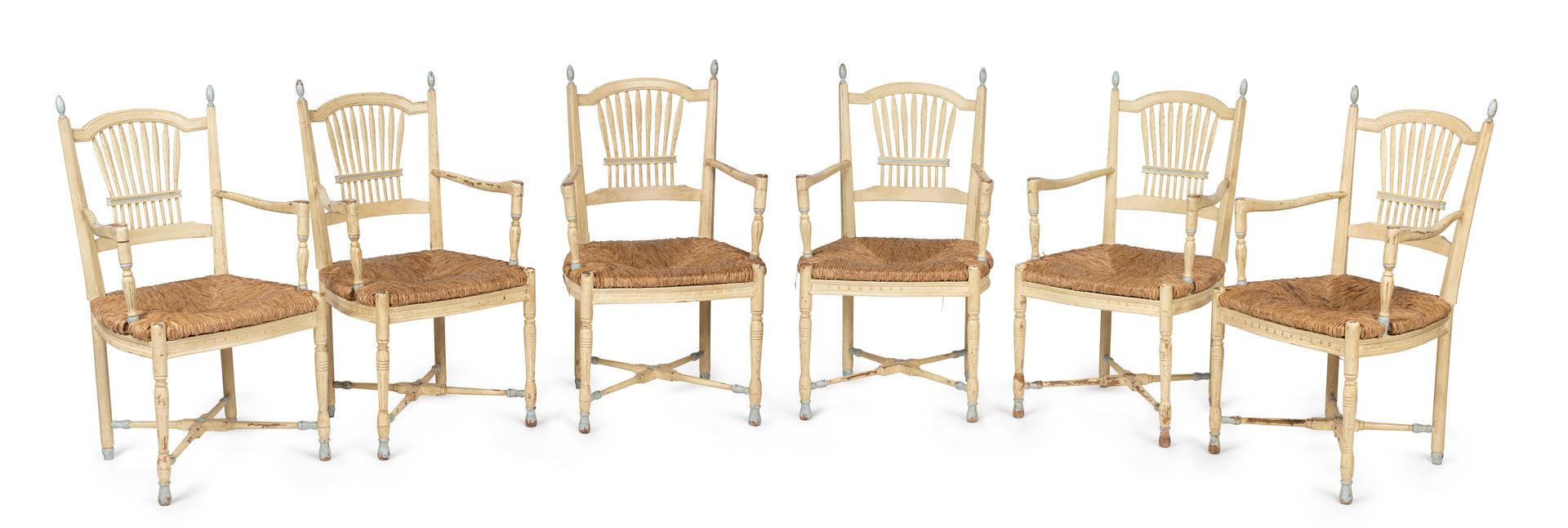 SOLD A set of six unusual painted timber Wheatsheaf design chairs, French Circa 1900
