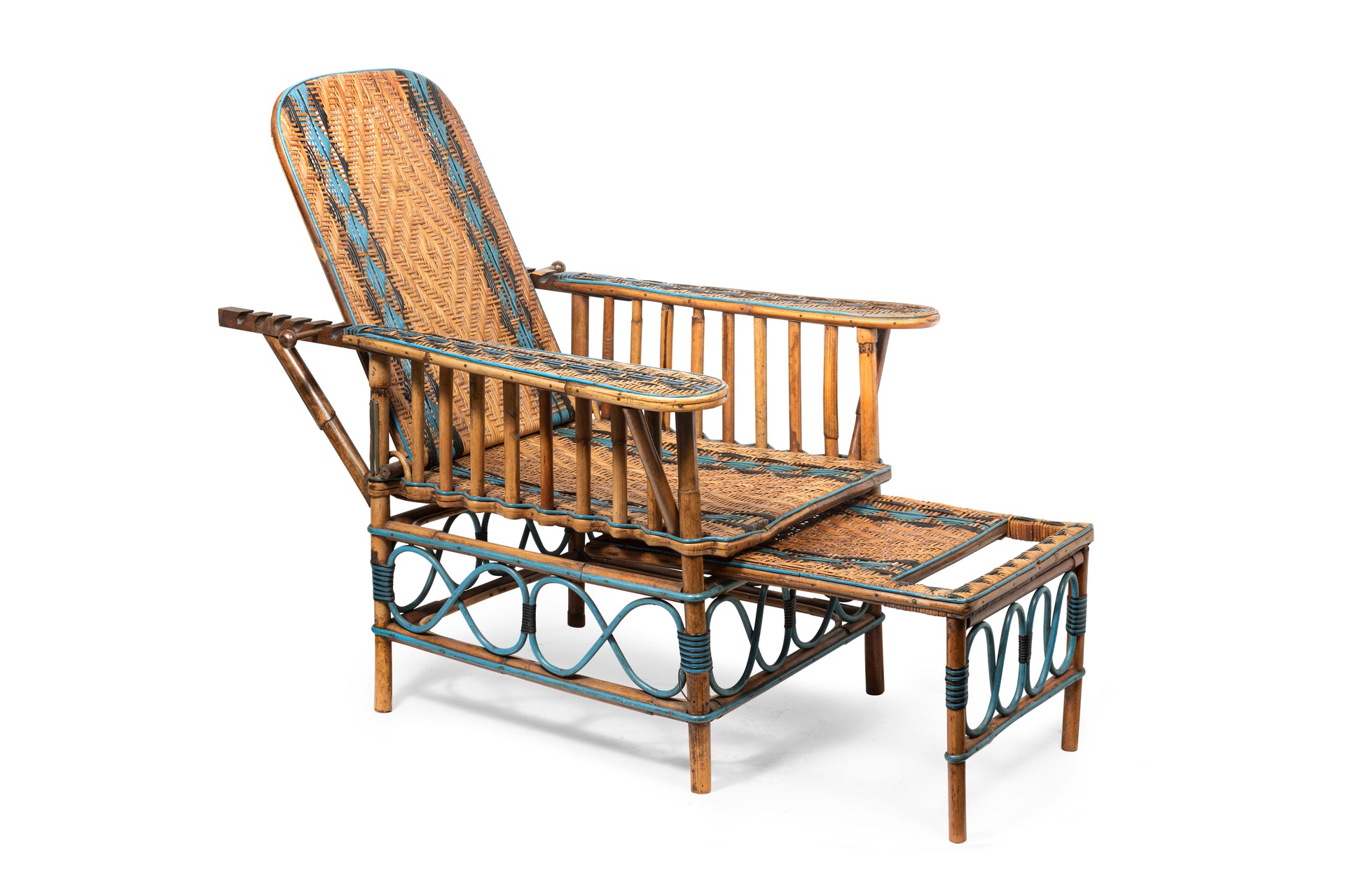 SOLD An outstanding powder blue and natural cane reclining verandah chair, French Circa 1920