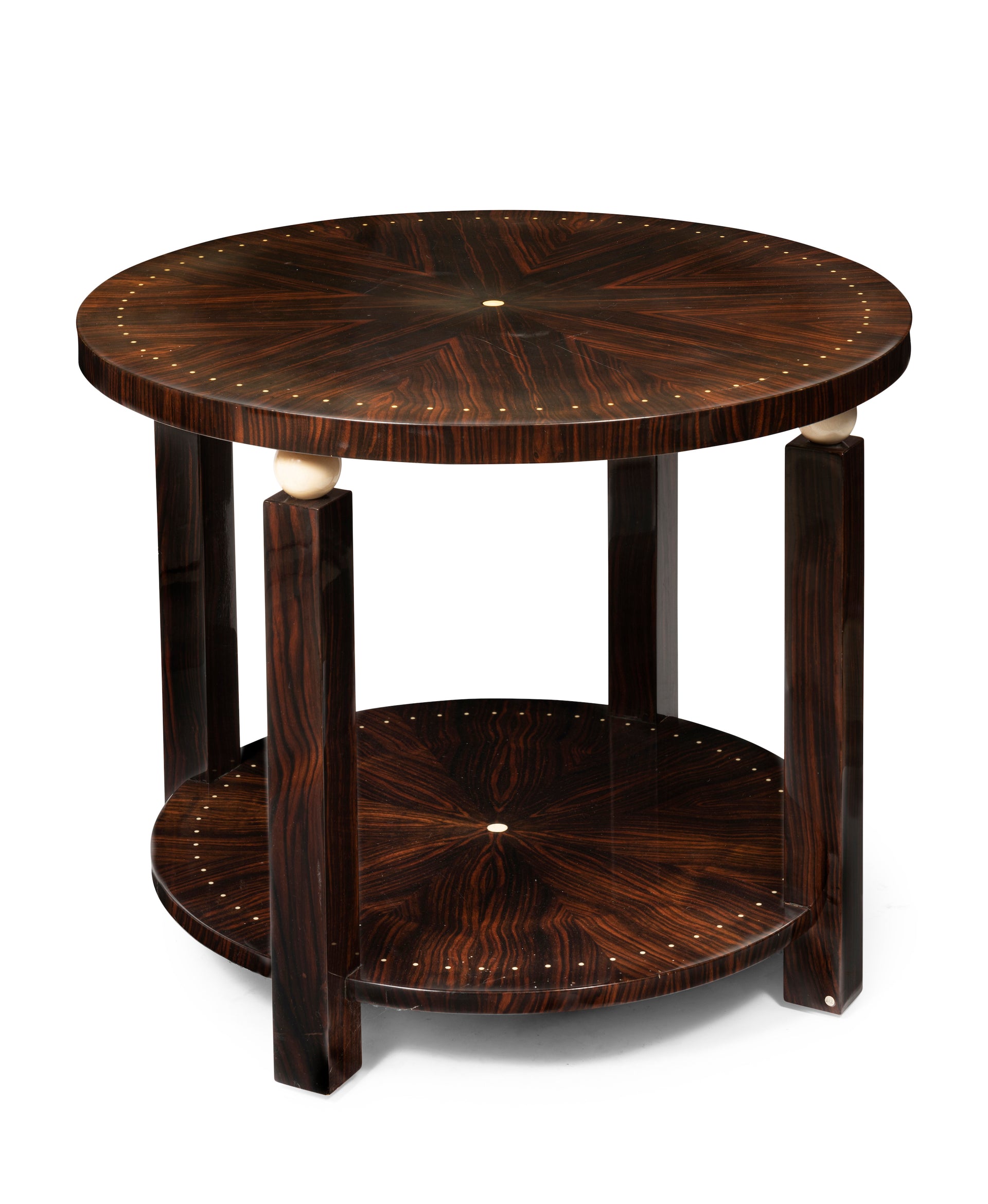 A stylish circular two tiered Macassar and Ivory inlaid side table in the style of Emile Jacques Ruhlmann