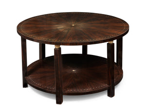 A stylish circular two tiered Macassar and Ivory inlaid side table in the style of Emile Jacques Ruhlmann