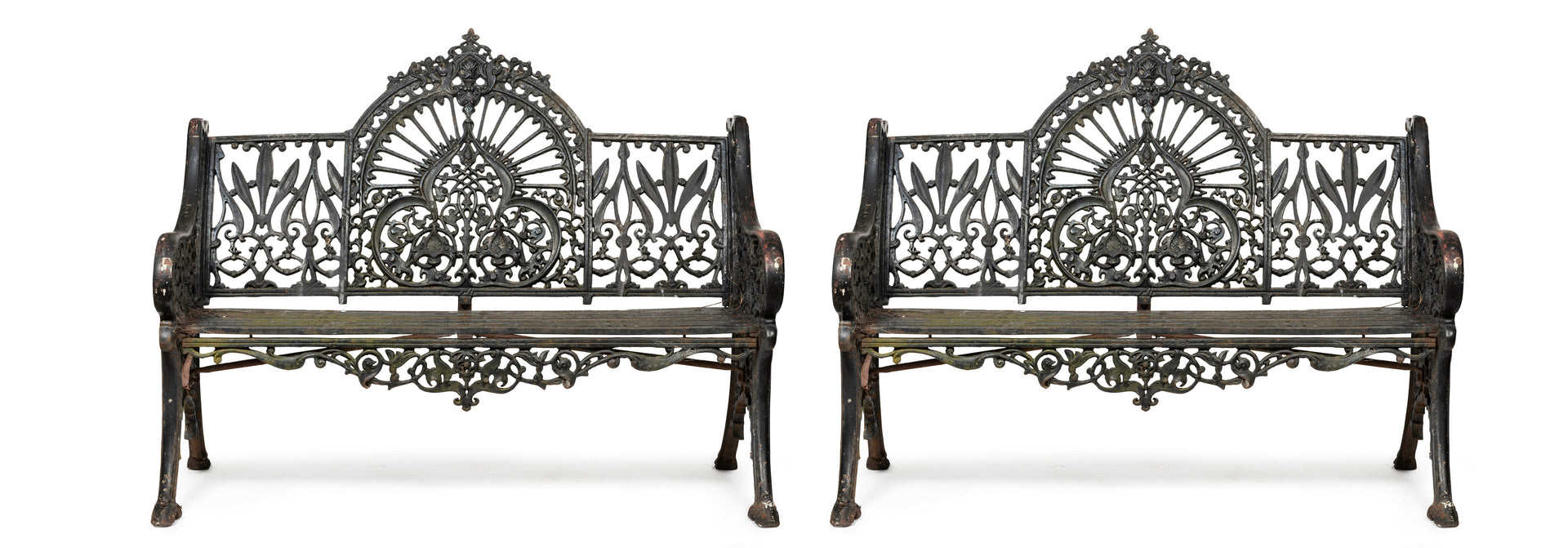 SOLD A grand pair of black painted, heavy cast iron garden seats in the Colebrookedale Peacock pattern, English circa 1900