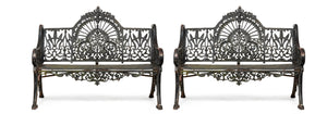 SOLD A grand pair of black painted, heavy cast iron garden seats in the Colebrookedale Peacock pattern, English circa 1900