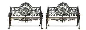 SOLD A grand pair of black painted cast iron garden seats in the Colebrookedale Peacock pattern, English 19th Century