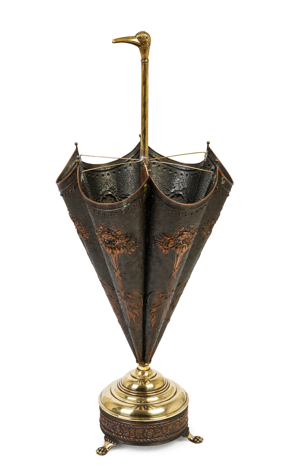 SOLD A copper and brass duck's head umbrella stand, French Circa 1920