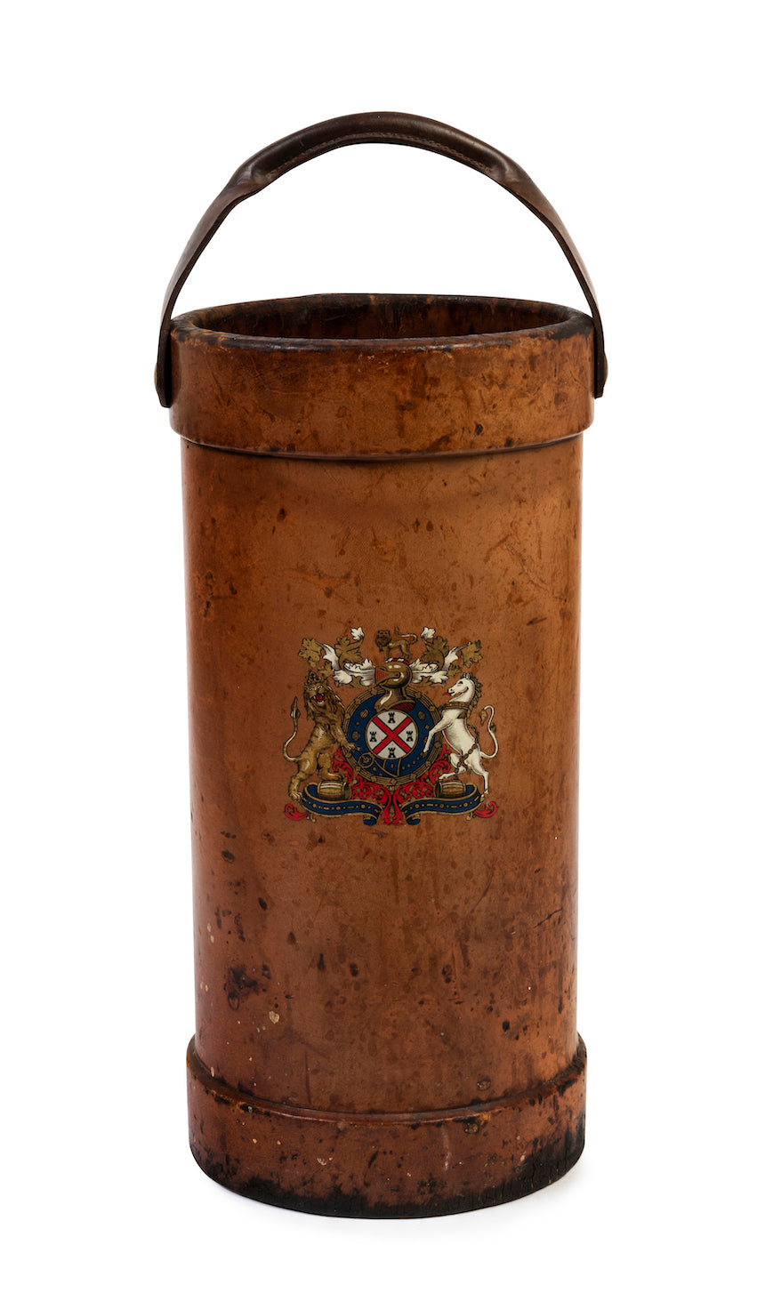 SOLD An Armorial decorated tan leather umbrella stand with handle, English Circa 1920