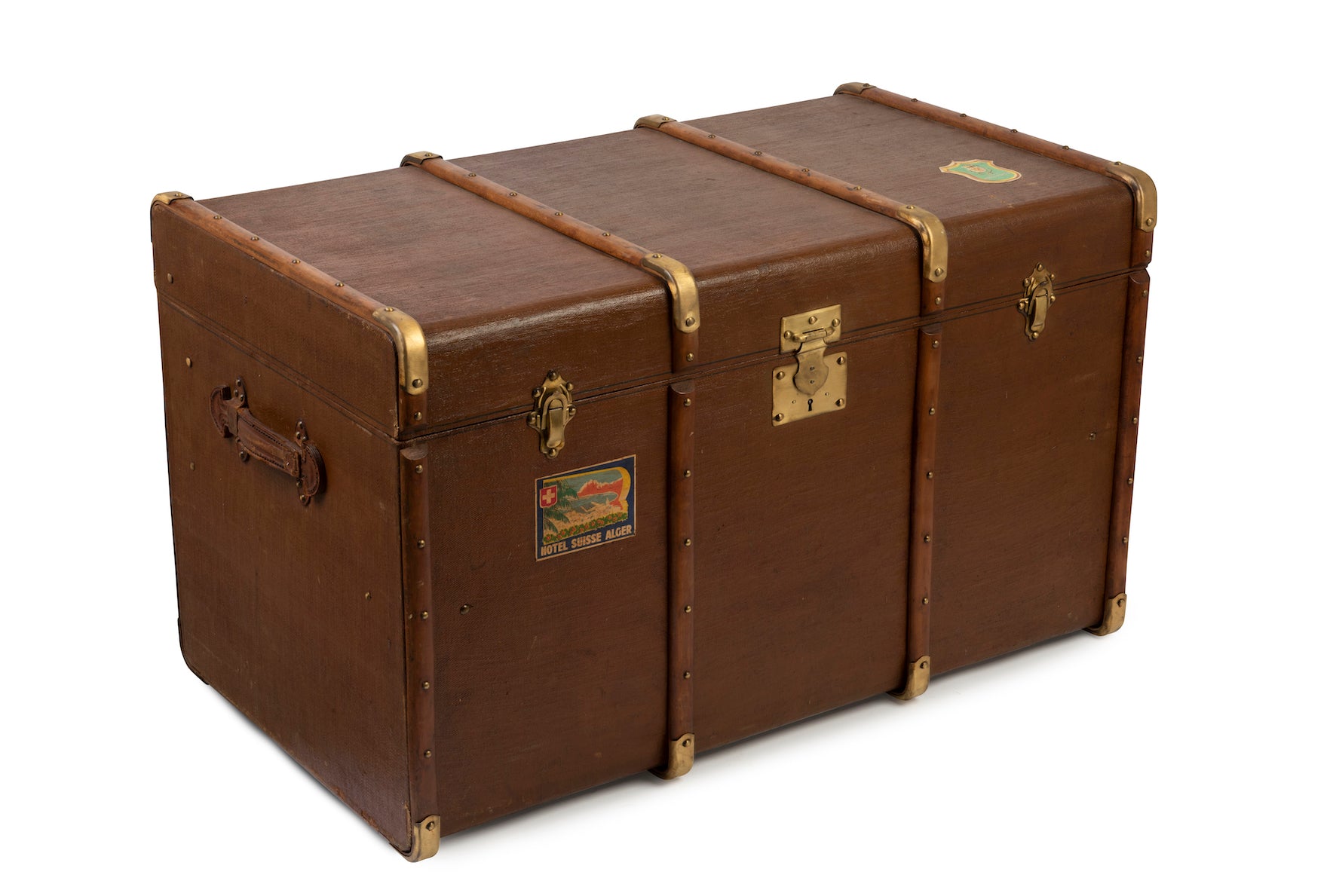 SOLD A brass and timber-bound tan painted canvas steamer trunk, French Circa 1900