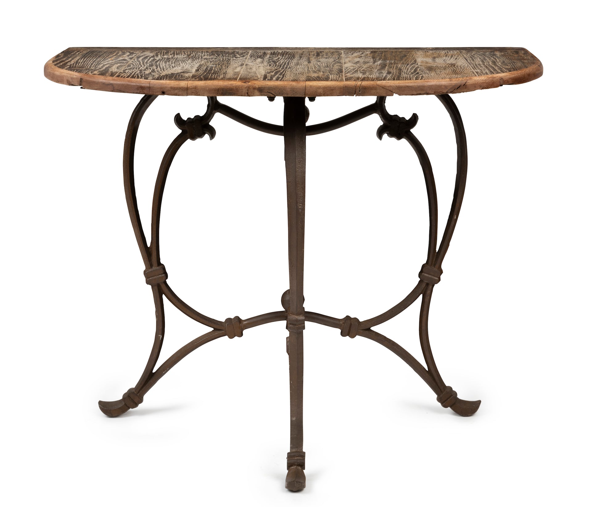 SOLD A French cast iron console table with limed oak  table demi lune top