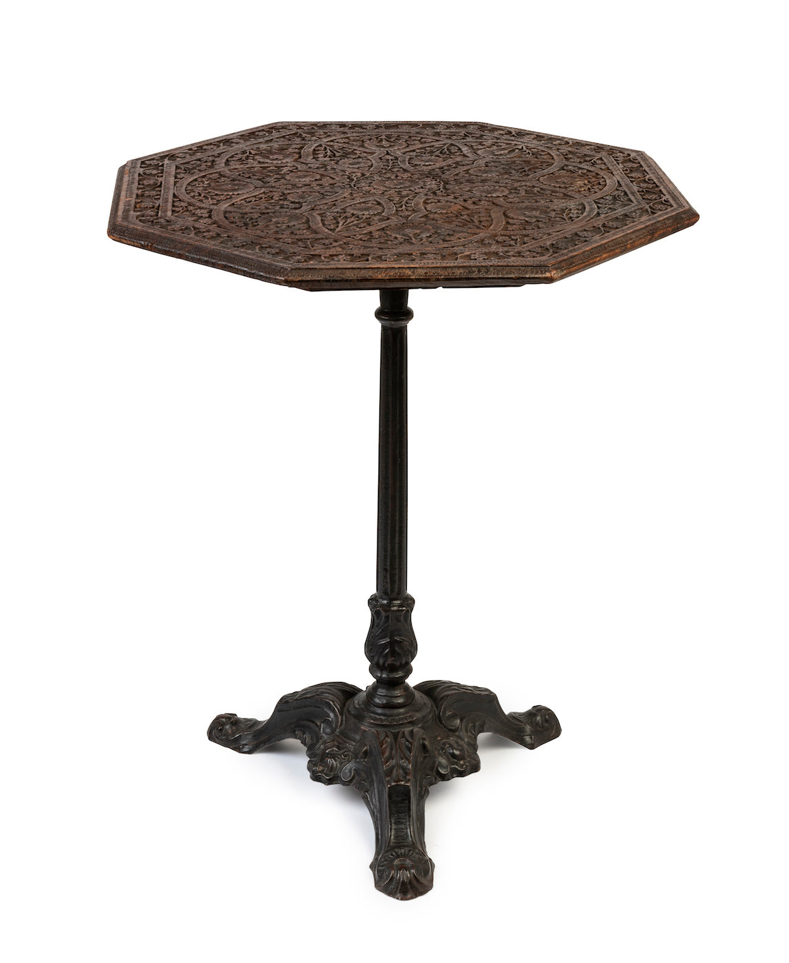 SOLD A fine Kashmiri carved octagonal occasional table with cast iron base, Anglo-Indian 19th Century