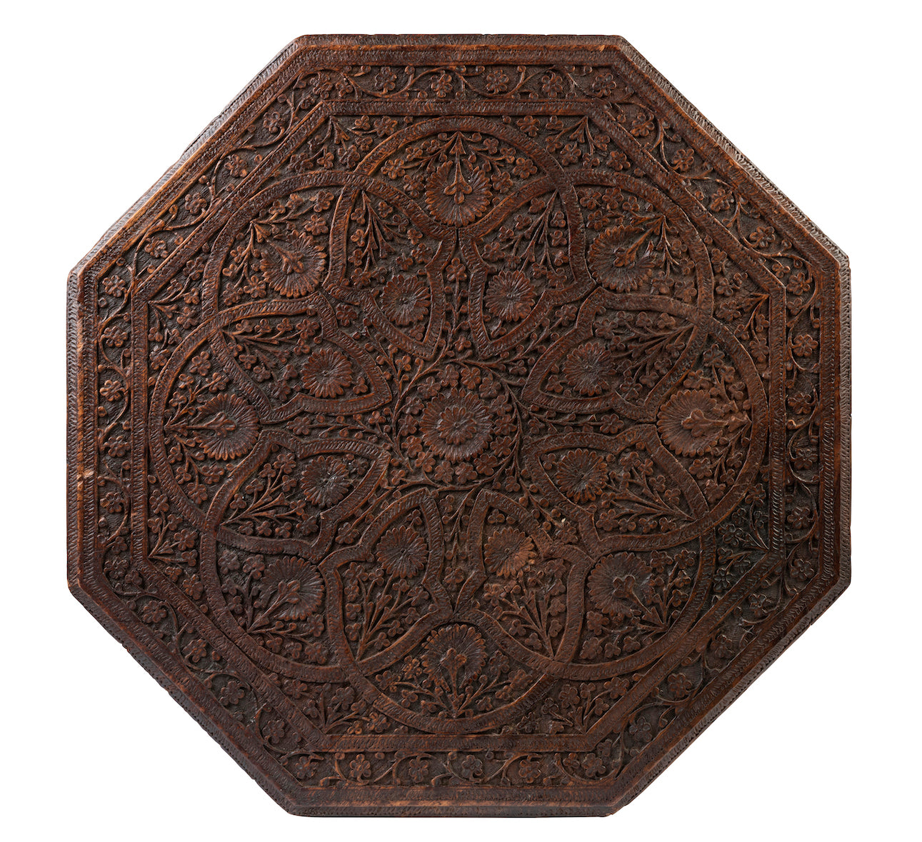 SOLD A fine Kashmiri carved octagonal occasional table with cast iron base, Anglo-Indian 19th Century