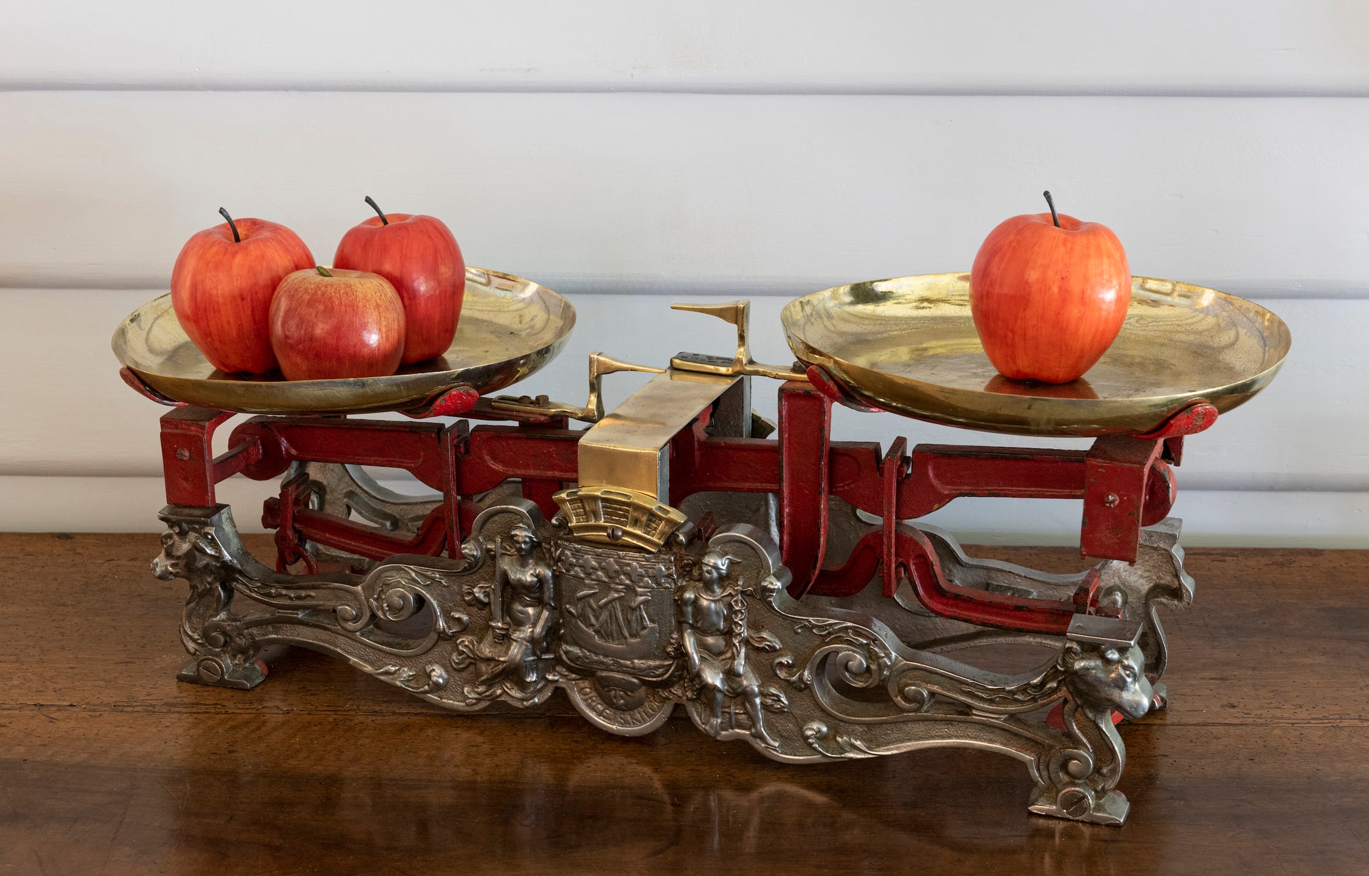 SOLD An imposing set of brass, red painted and ornate steel butchers scales, French 19th Century