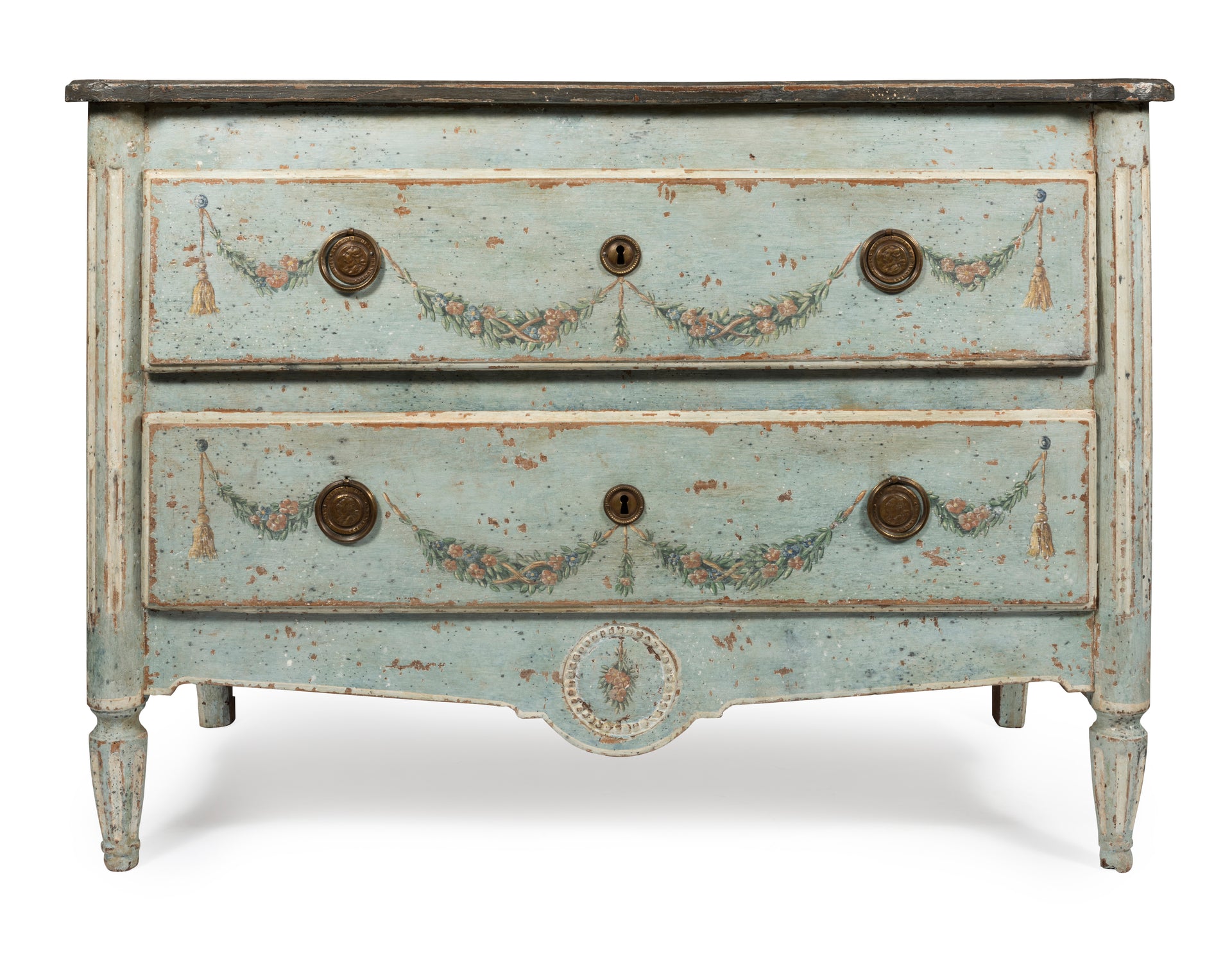 SOLD A beautiful polychrome painted pale blue two drawer commode, Italian 18th Century