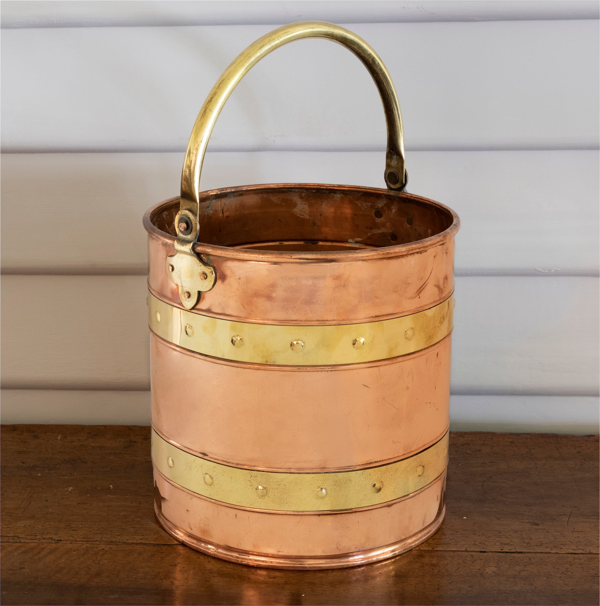SOLD A copper and brass banded bucket with brass handle, French 19th Century