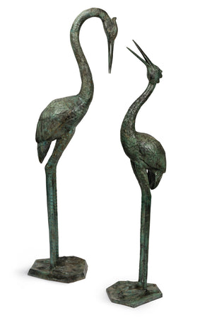 SOLD A beautiful pair of large bronze water birds with verdigris finish, in the Japanese style