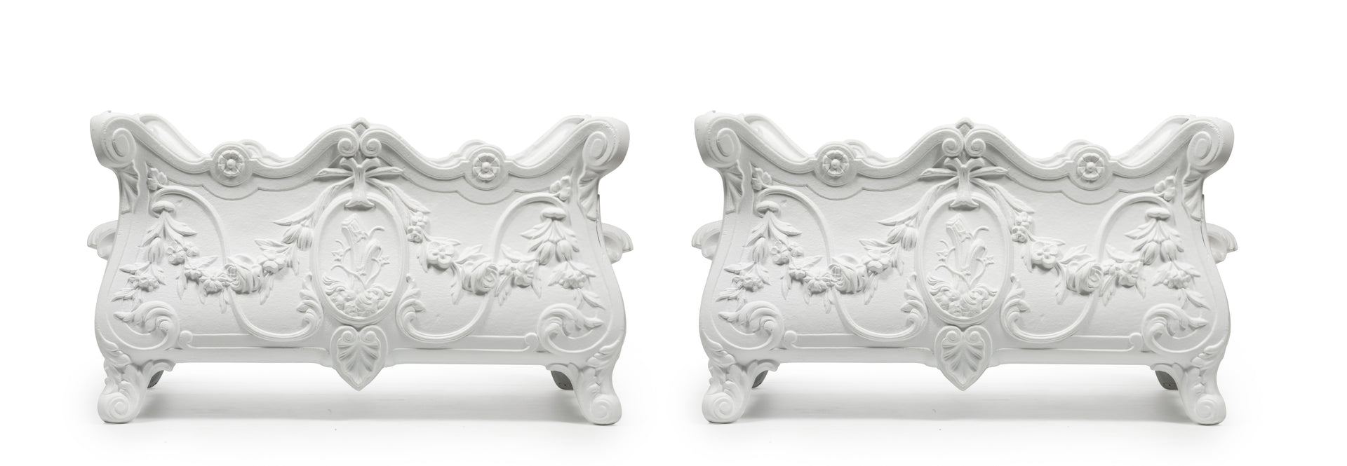 SOLD A beautiful pair of Louis XVI white painted cast iron jardinieres, French 19th Century