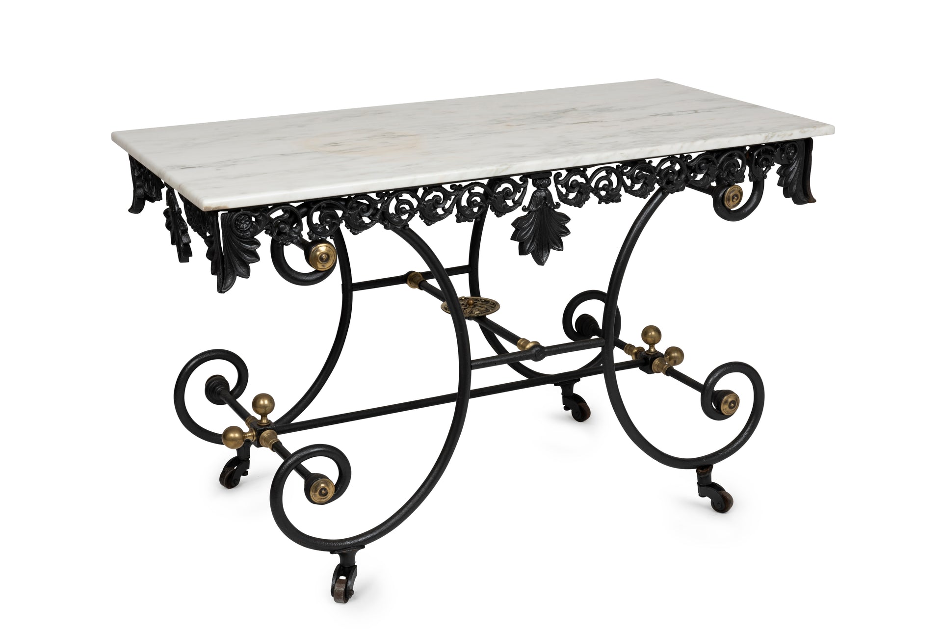 SOLD An exceptional cast iron, Carrara marble and brass detailed Patisserie table, French 19th Century