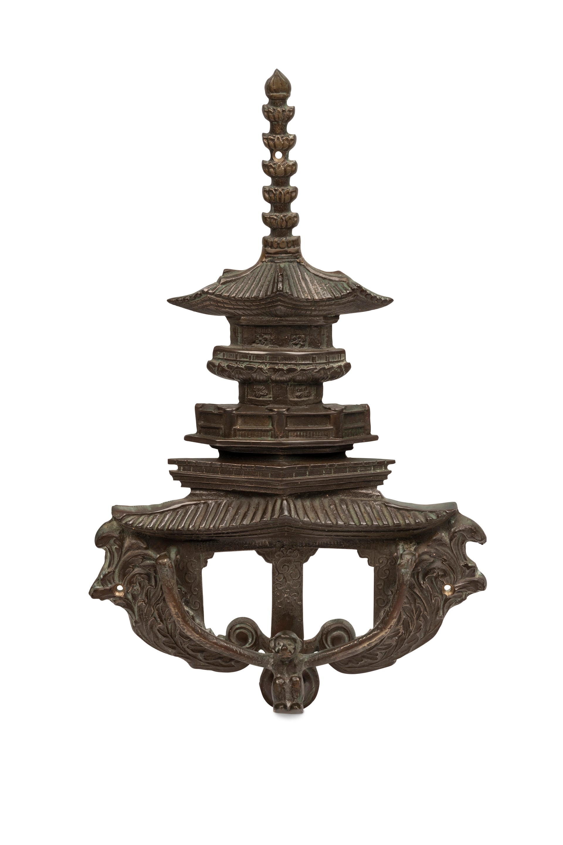 SOLD An unusual vintage Chinoiserie pagoda form and swinging monkey bronze door knocker 40cm high, 225cm wide, 4cm deep