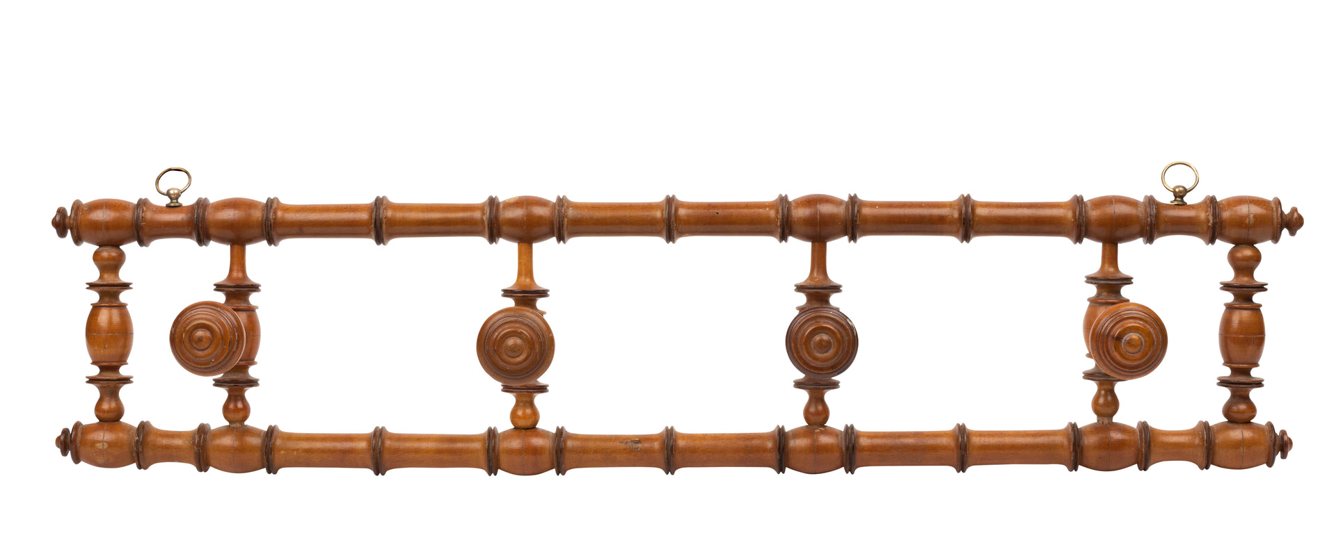 SOLD A turned fruitwood coat and hat rack with four hooks, French 19th Century
