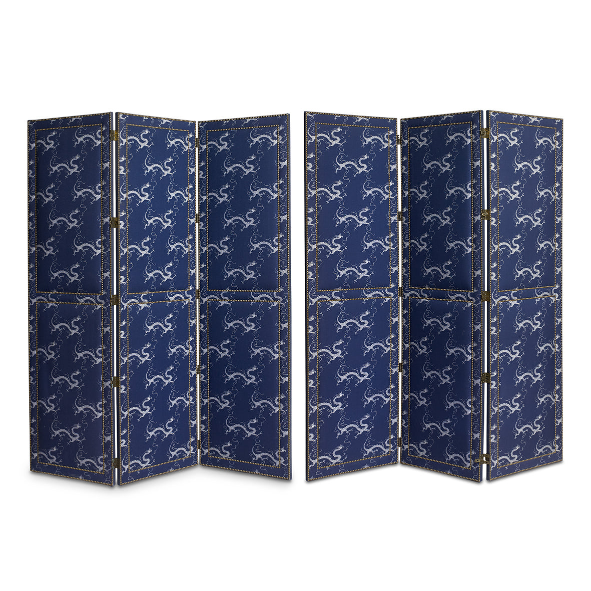 SOLD An impressive brass-studded blue and white Chinoiserie dragon design upholstered screen, French 20th Century
