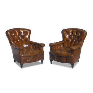 SOLD An outstanding pair of buttoned tan leather armchairs, French, 19th Century