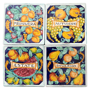 SOLD A set of four attractive painted ceramic square trivets decorated with the Four Season fruit motifs, Italian 1960