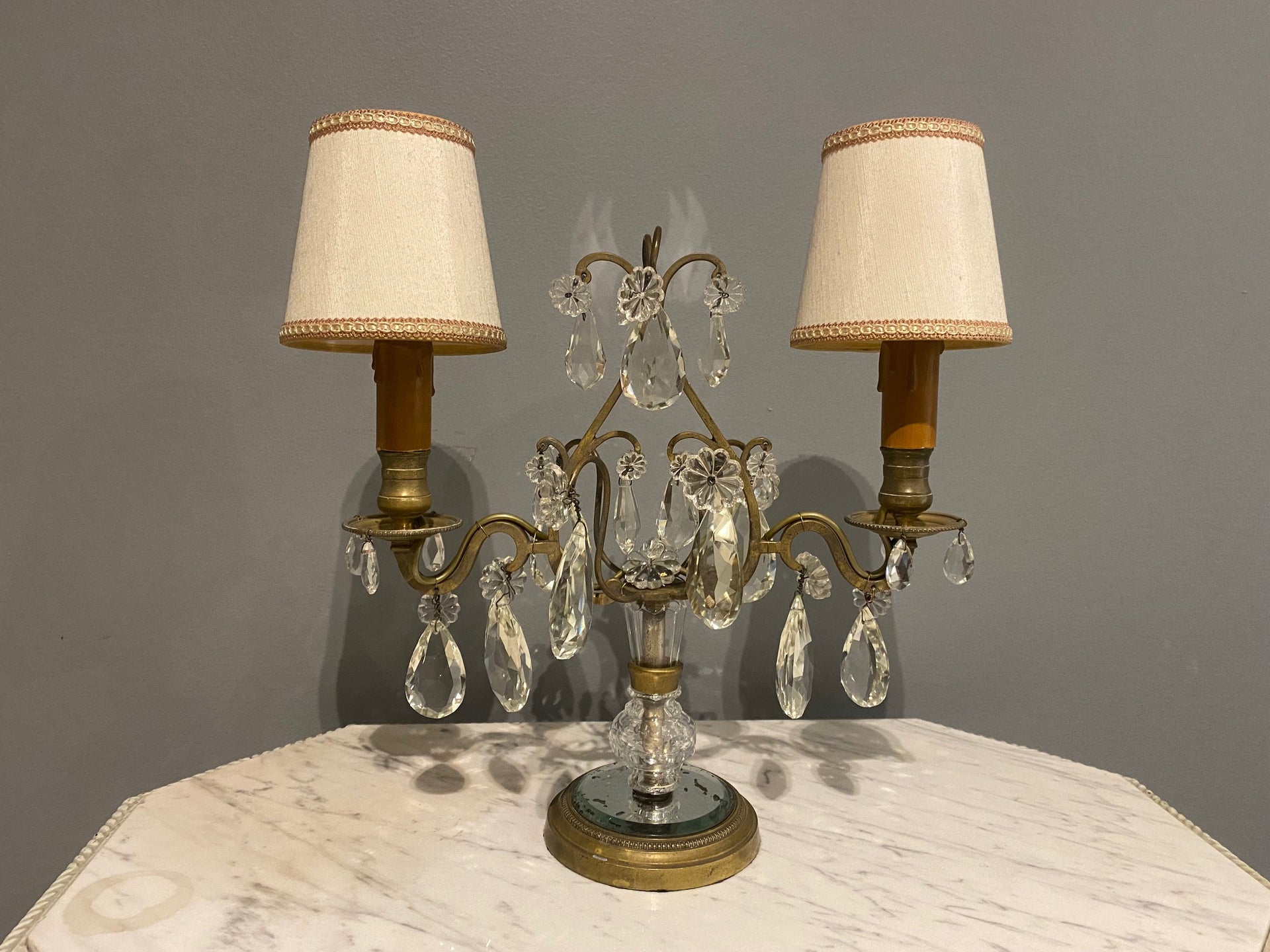 SOLD A beautiful pair of gilt bronze, cut crystal and mirror glass table chandelier lamps, French Circa 1950
