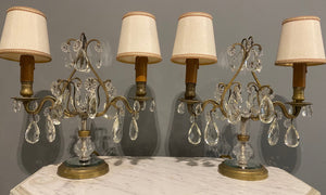 SOLD A beautiful pair of gilt bronze, cut crystal and mirror glass table chandelier lamps, French Circa 1950